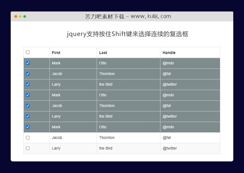 jquery支持按住Shift键来选择连续的复选框数据插件