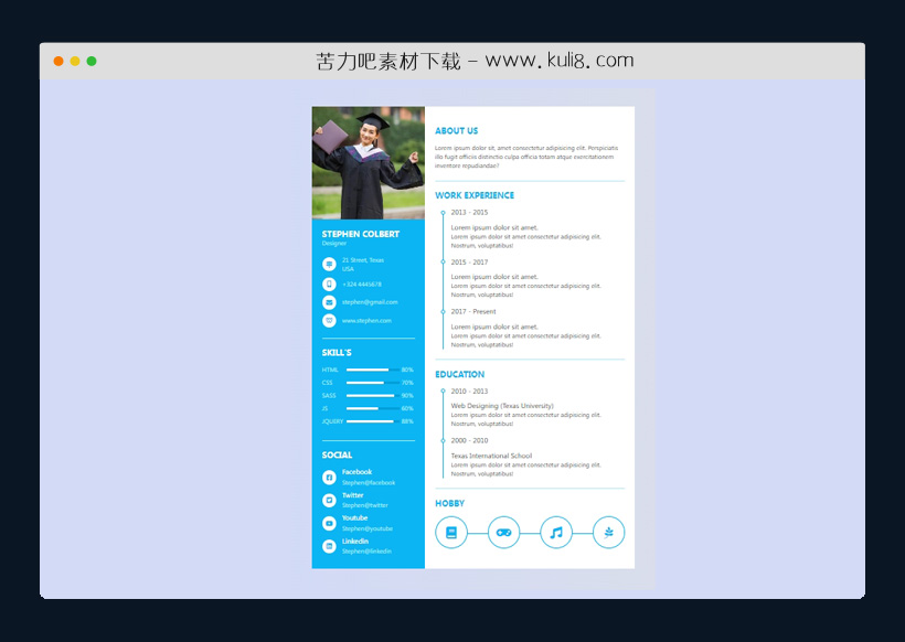 html蓝色风格带个人头像/简历信息的单页模板