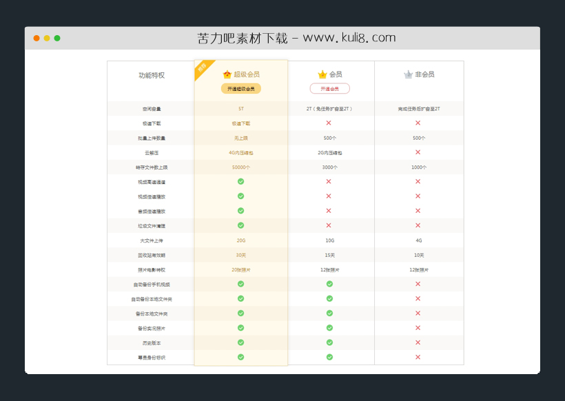 html会员套餐等级权限对比网站页面模板