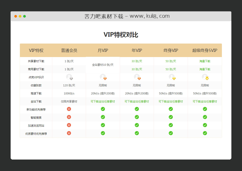 css图片素材网站VIP会员特权对比表格布局