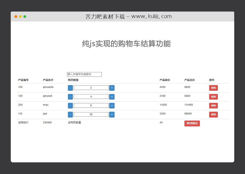 纯js实现的购物车结算功能