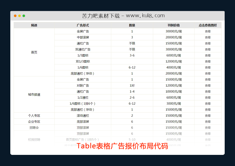 Table表格网站广告位报价布局代码